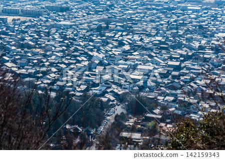 [Important Preservation District for Groups of Traditional Buildings] Hachiman - Springtime townscape viewed from Hachimanyama Castle 2, Omihachiman City, Shiga Prefecture 142159343