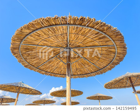 Beach umbrellas stand under a blue sky on a sunny day in a coastal area Beach umbrellas stand under a blue sky on a sunny day in a coastal area 142159495