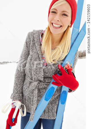 Girl, portrait and happy on vacation with snowboard for alpine adventure, fun and exploring snowy wilderness. Woman, ski equipment and outdoor on winter holiday in Alaska for getaway and travel tour. Girl, portrait and happy on vacation with snowboard for alpine adventure, fun and exploring snowy wilderness. Woman, ski equipment and outdoor on winter holiday in Alaska for getaway and travel tour. 142159603