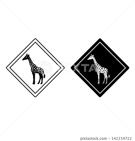 Giraffe Road Signs. Black and White Vector Icons. Road Sign Warning Animals Crossing the Road. Zoo Sticker Giraffe Road Signs. Black and White Vector Icons. Road Sign Warning Animals Crossing the Road. Zoo Sticker 142159722