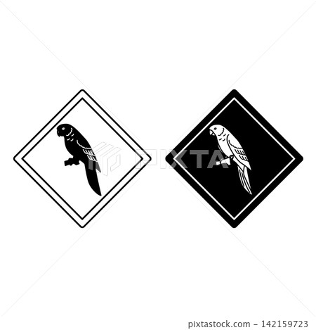 Parrot Road Signs. Black and White Vector Icons. Tropical Bird. Road Sign Warning Animals Crossing Road. Zoo Sticker Parrot Road Signs. Black and White Vector Icons. Tropical Bird. Road Sign Warning Animals Crossing Road. Zoo Sticker 142159723