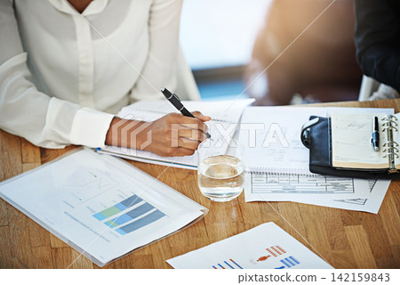 Business hands, documents and data analysis for finance, bookkeeping and company revenue, growth or increase. Professional people writing notes, brainstorming or planning budget in accounting meeting 142159843
