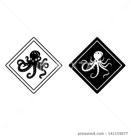 Octopus Road Signs. Black and White Vector Icons. Marine Animal Warning Road Sign. Zoo Sticker 142159877