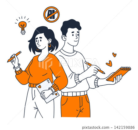 No AI. Man and Woman Artists Creating. Digital Artist and Designer with Tablet, Pencils and Sketchbook for Authentic Creative Process Workflow. Human Made Graphic Art. Color Hand Drawn Illustration. 142159886