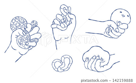Sensory Fidget Toy in Human Hand. Squishy Stress Ball, Twisty Puzzle, Chick Squeeze and Slime Set. Isolated Hand Drawn Line Art. Tactile Calming Tool for Kids Focus, ADHD, Autism. Vector Illustration. 142159888