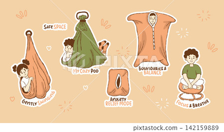 Autism Sensory Therapy Sticker Planner Set. Special Needs Children in Body Sock, Balance Board and Swings. Kids ADHD Mental Health Anxiety Relief Quotes Collection. Isolated Vector illustration. Autism Sensory Therapy Sticker Planner Set. Special Needs Children in Body Sock, Balance Board and Swings. Kids ADHD Mental Health Anxiety Relief Quotes Collection. Isolated Vector illustration. 142159889