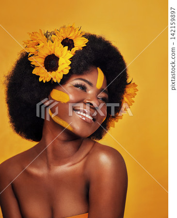 Black woman, plant and sunflower with skincare in studio for organic glow, dermatology or soft skin. Person, floral and confident with smile for natural, cosmetics and vitamin e on yellow background Black woman, plant and sunflower with skincare in studio for organic glow, dermatology or soft skin. Person, floral and confident with smile for natural, cosmetics and vitamin e on yellow background 142159897