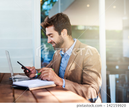 Phone, smile and businessman with laptop in coffee shop working on freelance budget plan with research. Technology, cellphone and financial advisor reading email with computer in cafe or restaurant. Phone, smile and businessman with laptop in coffee shop working on freelance budget plan with research. Technology, cellphone and financial advisor reading email with computer in cafe or restaurant. 142159920