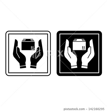 Handle with Care Icons. Labels for Cardboard Packaging. Warning Symbol. Postal Parcel in Human Hands. Illustration on White and Black Background. 142160295