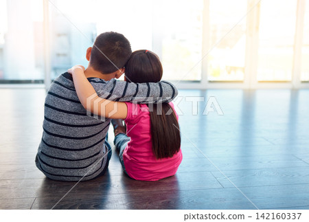 Friends, hug and back of children in home to relax together with care or support in happy family. Girl, brother or kids embrace with love, kindness or siblings on holiday or vacation with trust Friends, hug and back of children in home to relax together with care or support in happy family. Girl, brother or kids embrace with love, kindness or siblings on holiday or vacation with trust 142160337