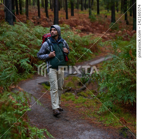 Man, backpack and hiking in forest for zen with mountains for travel in environment for freedom. Male person, nature and commute for war in Ukraine with worried for safety, thinking and military Man, backpack and hiking in forest for zen with mountains for travel in environment for freedom. Male person, nature and commute for war in Ukraine with worried for safety, thinking and military 142160374