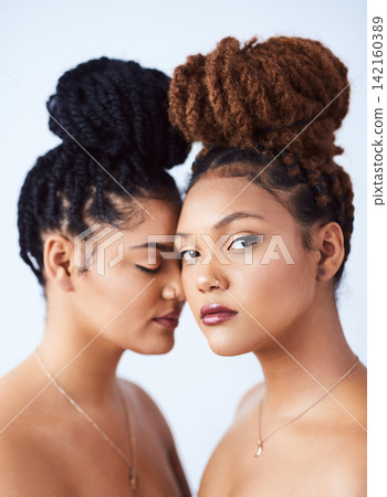 Black woman, portrait and family with skincare in studio for natural beauty with treatment for health or wellness at spa. Female person, together and facial for glow or shine on white background Black woman, portrait and family with skincare in studio for natural beauty with treatment for health or wellness at spa. Female person, together and facial for glow or shine on white background 142160389