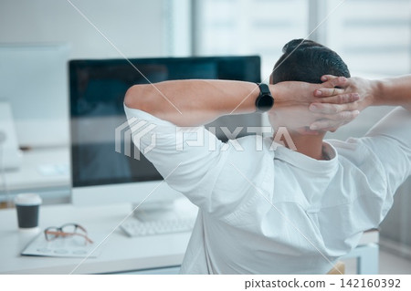 Hands, businessman and relax with back view by computer for work, job and task for digital career. Internship, professional and IT expert with technology for email, communication and internet Hands, businessman and relax with back view by computer for work, job and task for digital career. Internship, professional and IT expert with technology for email, communication and internet 142160392