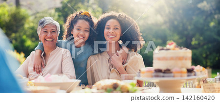 Family, hug and face at birthday party on table outdoor with mother, kid and grandma. Summer event, celebration and love with support, generation of women and girl in garden for mothers day portrait Family, hug and face at birthday party on table outdoor with mother, kid and grandma. Summer event, celebration and love with support, generation of women and girl in garden for mothers day portrait 142160420