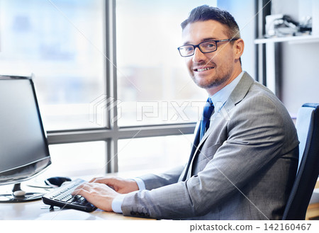 Face, businessman and typing in office for corporate company with web, planning and advice. Tech, executive and portrait of male consultant in workplace with suit, internet and expertise for client Face, businessman and typing in office for corporate company with web, planning and advice. Tech, executive and portrait of male consultant in workplace with suit, internet and expertise for client 142160467