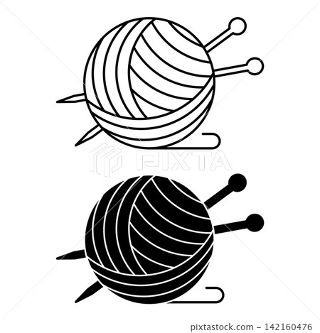 Yarn Icons. Black and White Vector Illustration. Ball of Thread and Knitting Needles. Material Characteristics Concept Yarn Icons. Black and White Vector Illustration. Ball of Thread and Knitting Needles. Material Characteristics Concept 142160476