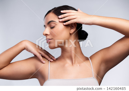 Woman, skincare and pride on studio background for cosmetics, dermatology and glow on backdrop. Happy, self care and collagen for facial, spa treatment and female person with makeup for salon Woman, skincare and pride on studio background for cosmetics, dermatology and glow on backdrop. Happy, self care and collagen for facial, spa treatment and female person with makeup for salon 142160485