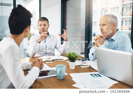 Business, team and talking or planning in office meeting together, laptop for research with employee brainstorming. Tech, conversation and company project, corporate strategy for collaboration 142160486