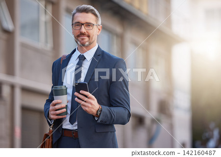 Portrait, coffee and man in city, smartphone and confidence with email, message and cappuccino. New York, face or mature person with morning tea, commute or mobile user with travel, employee or agent Portrait, coffee and man in city, smartphone and confidence with email, message and cappuccino. New York, face or mature person with morning tea, commute or mobile user with travel, employee or agent 142160487
