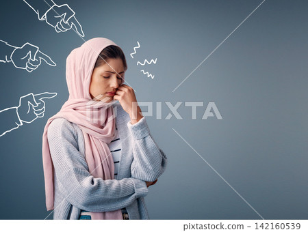 Bullying, hands or pointing to Muslim woman for depression on studio mockup or grey background. Gossip, stress or sad Islamic girl with fingers for blame, judgement or conflict space in Palestine Bullying, hands or pointing to Muslim woman for depression on studio mockup or grey background. Gossip, stress or sad Islamic girl with fingers for blame, judgement or conflict space in Palestine 142160539