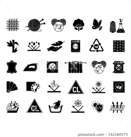 Black Icons Material Characteristics. Vector Illustrations Textile, Leather, Yarn, Cotton, Silk, Wool, Cashmere, Synthetic Knitted, Bamboo, Waterproof, Breathable, Eco-Friendly, For Kids, and Others Black Icons Material Characteristics. Vector Illustrations Textile, Leather, Yarn, Cotton, Silk, Wool, Cashmere, Synthetic Knitted, Bamboo, Waterproof, Breathable, Eco-Friendly, For Kids, and Others 142160575