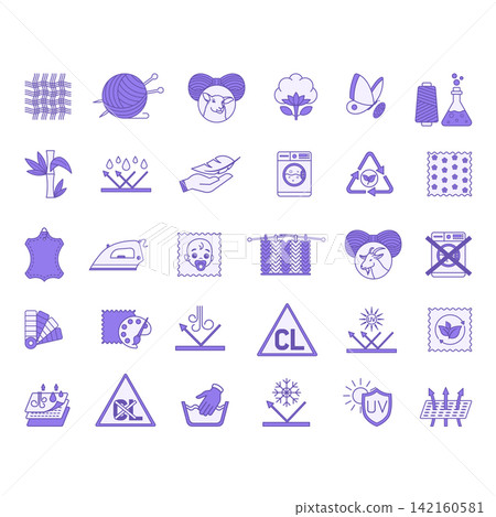 Colored Icons Material Characteristics. Vector Illustrations Textile, Leather, Yarn, Cotton, Silk, Wool, Cashmere, Synthetic Knitted, Bamboo, Waterproof, Breathable, Eco-Friendly, For Kids, and More Colored Icons Material Characteristics. Vector Illustrations Textile, Leather, Yarn, Cotton, Silk, Wool, Cashmere, Synthetic Knitted, Bamboo, Waterproof, Breathable, Eco-Friendly, For Kids, and More 142160581