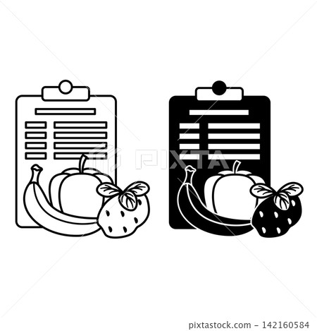 Diet Icons. Black and White Vector Illustration. Healthy Food List, Vegetables and Fruits. Banana, Paprika, Potato and Basil. Healthy Lifestyle, Proper Nutrition. Weight Loss Concept Diet Icons. Black and White Vector Illustration. Healthy Food List, Vegetables and Fruits. Banana, Paprika, Potato and Basil. Healthy Lifestyle, Proper Nutrition. Weight Loss Concept 142160584