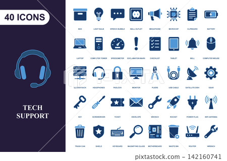 Tech support and computer hardware icon set for digital business and network communication Tech support and computer hardware icon set for digital business and network communication 142160741