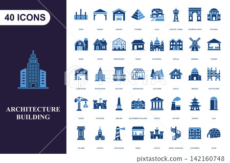 Set of 40 blue architecture building icons for real estate and construction design projects Set of 40 blue architecture building icons for real estate and construction design projects 142160748