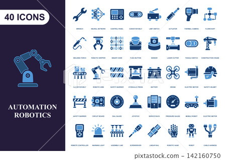 Automation and robotics icon set for industrial manufacturing and smart technology systems Automation and robotics icon set for industrial manufacturing and smart technology systems 142160750