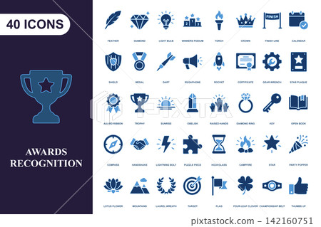 Set of 40 blue awards and recognition icons for business achievement and success concepts Set of 40 blue awards and recognition icons for business achievement and success concepts 142160751