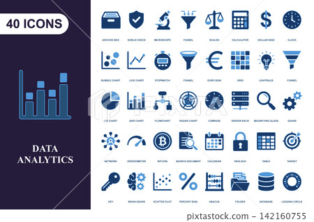 Data analytics business icon set for financial reporting and digital marketing strategy Data analytics business icon set for financial reporting and digital marketing strategy 142160755