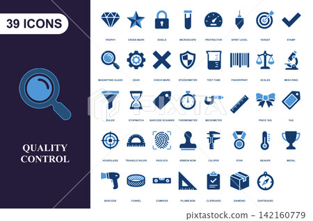 Set of 39 quality control and inspection icons for industrial manufacturing and testing Set of 39 quality control and inspection icons for industrial manufacturing and testing 142160779