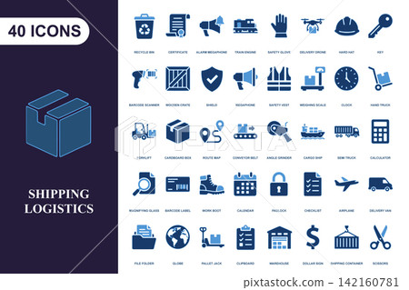 Shipping and logistics icon set featuring delivery transport warehouse and supply chain symbols 142160781