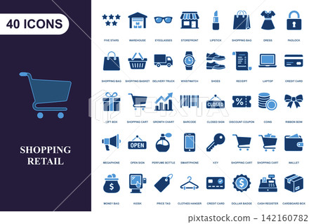 Set of 40 shopping and retail icons for ecommerce business and digital marketing projects Set of 40 shopping and retail icons for ecommerce business and digital marketing projects 142160782