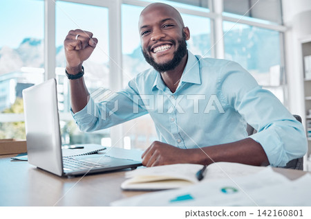 Black man, laptop and celebrate in office portrait, online success and prize giveaway or bonus. Male person, excited and fist pump for victory in workplace, lottery and promotion or reward on website Black man, laptop and celebrate in office portrait, online success and prize giveaway or bonus. Male person, excited and fist pump for victory in workplace, lottery and promotion or reward on website 142160801