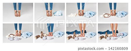 Legs, dressing and clothes on floor, person and collage of process, messy and routine in morning. Denim, jeans and grey background for model, fashion and feet with heels, choice and decision of style Legs, dressing and clothes on floor, person and collage of process, messy and routine in morning. Denim, jeans and grey background for model, fashion and feet with heels, choice and decision of style 142160809