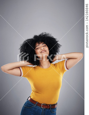 Woman, clothes and afro of fashion, relax and smile for tshirt, stylish and confidence of girl. Aesthetic, happy and female person in dark background, pride and hair for model, cheerful and studio Woman, clothes and afro of fashion, relax and smile for tshirt, stylish and confidence of girl. Aesthetic, happy and female person in dark background, pride and hair for model, cheerful and studio 142160846
