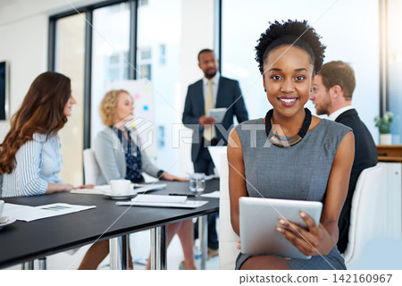 Woman, lawyer and tablet in portrait by group for negotiation, smile and legal career. Attorney, advocate and person on touchscreen, case and online consulting in office at corporate law firm Woman, lawyer and tablet in portrait by group for negotiation, smile and legal career. Attorney, advocate and person on touchscreen, case and online consulting in office at corporate law firm 142160967