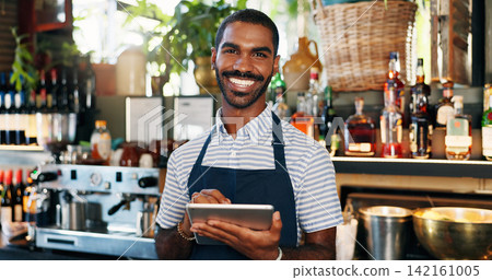 Tablet, black man and bartender smile for restaurant sales, alcohol service or career vocation. Portrait, job experience and African business owner with pride in drinks trade, supply chain or startup Tablet, black man and bartender smile for restaurant sales, alcohol service or career vocation. Portrait, job experience and African business owner with pride in drinks trade, supply chain or startup 142161005