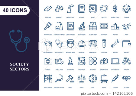 Set of 40 professional industry icons representing diverse society sectors and occupations 142161106