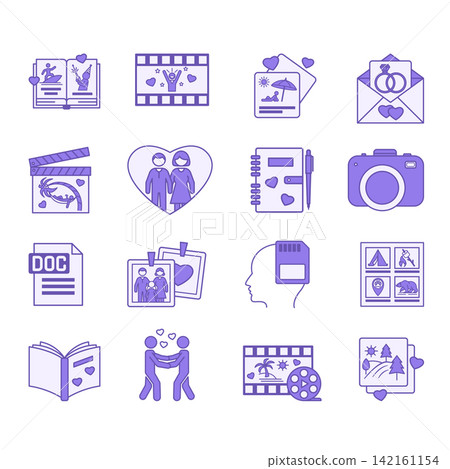 Colored Memory Love Icons. Vector Illustrations: Book Story, Reels Media, Pictures, Camera, Romantic Movie, Memories, Memory, Relationships, Wedding Announcement, Storyboard, and More Colored Memory Love Icons. Vector Illustrations: Book Story, Reels Media, Pictures, Camera, Romantic Movie, Memories, Memory, Relationships, Wedding Announcement, Storyboard, and More 142161154