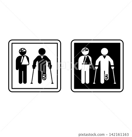 Traumatology Signs. Black and White Vector Icons. Person with Head and Arm Injury, Person on Crutches with Leg Injury. Hospital Department Sign Traumatology Signs. Black and White Vector Icons. Person with Head and Arm Injury, Person on Crutches with Leg Injury. Hospital Department Sign 142161163