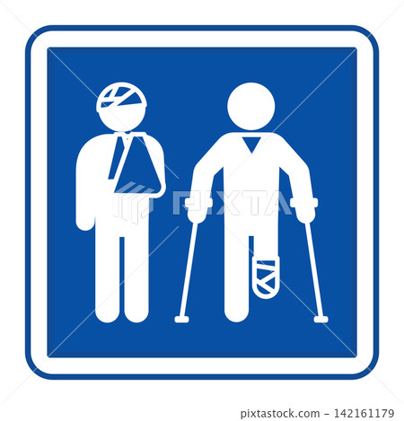 Blue Traumatology Sign. Vector Icon. Person with Head and Arm Injury, Person on Crutches with Leg Injury. Hospital Department Sign 142161179