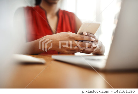 Woman, laptop or hands with mobile in remote work for social media, internet post or website notification. Digital nomad, home office or freelancer texting online for networking or phone application 142161180