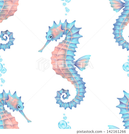Seamless pattern with a seahorse and bubbles. Cartoon watercolor illustration for children. Hand drawn cartoon underwater creature. Marine animal design for backgrounds, textiles, paper and fabric. Seamless pattern with a seahorse and bubbles. Cartoon watercolor illustration for children. Hand drawn cartoon underwater creature. Marine animal design for backgrounds, textiles, paper and fabric. 142161266