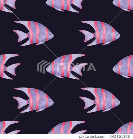 Seamless pattern watercolor childrens illustration of angelfish. Hand-drawn sea animal would for a nursery or baby shower. Cartoon sketch of underwater angel fish makes background, wallpaper, paper. Seamless pattern watercolor childrens illustration of angelfish. Hand-drawn sea animal would for a nursery or baby shower. Cartoon sketch of underwater angel fish makes background, wallpaper, paper. 142161276