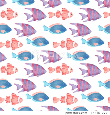 Seamless pattern with clownfish, angelfish and surgeonfish. Watercolor cartoon childrens illustration. Underwater world of marine animals. Hand drawn tropical fish. Background for fabric, textiles. Seamless pattern with clownfish, angelfish and surgeonfish. Watercolor cartoon childrens illustration. Underwater world of marine animals. Hand drawn tropical fish. Background for fabric, textiles. 142161277