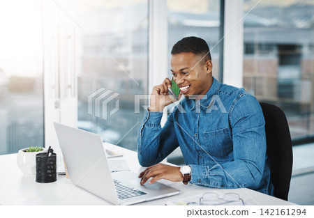 Phone call, business and black man with laptop at desk for conversation, networking or negotiating deal. Lens flare, Cellphone and happy consultant for discussion, talking or feedback on project Phone call, business and black man with laptop at desk for conversation, networking or negotiating deal. Lens flare, Cellphone and happy consultant for discussion, talking or feedback on project 142161294