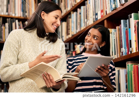Portrait, students and team of happy women in library at university with tablet, books and research. Face, smile and diverse girls in college for education, scholarship or friends learning together Portrait, students and team of happy women in library at university with tablet, books and research. Face, smile and diverse girls in college for education, scholarship or friends learning together 142161296